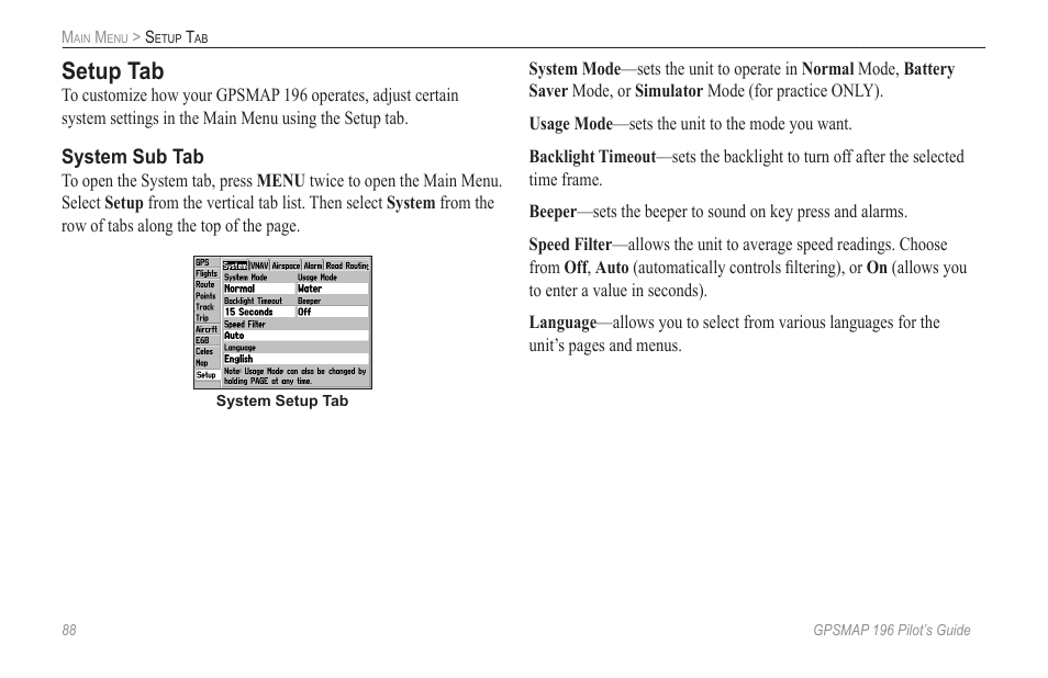 Setup tab | Garmin GPSMAP 196 User Manual | Page 96 / 132