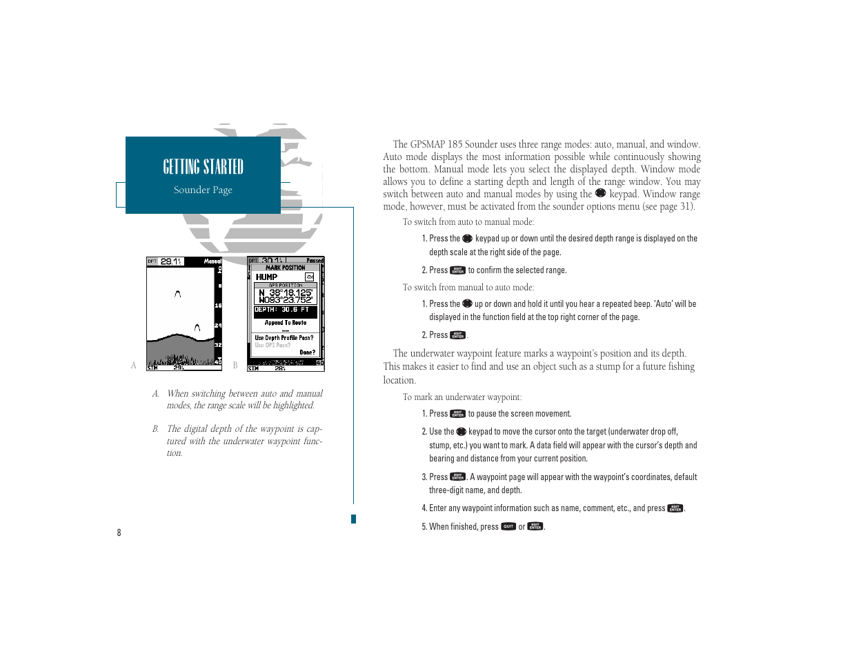 Getting started | Garmin GPSMAP 185 Sounder User Manual | Page 18 / 110