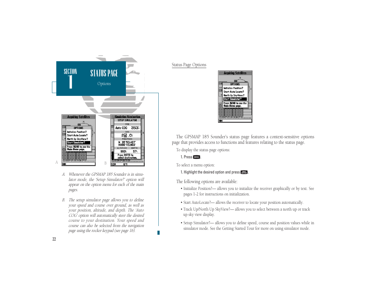 Status page | Garmin GPSMAP 185 Sounder User Manual | Page 32 / 110