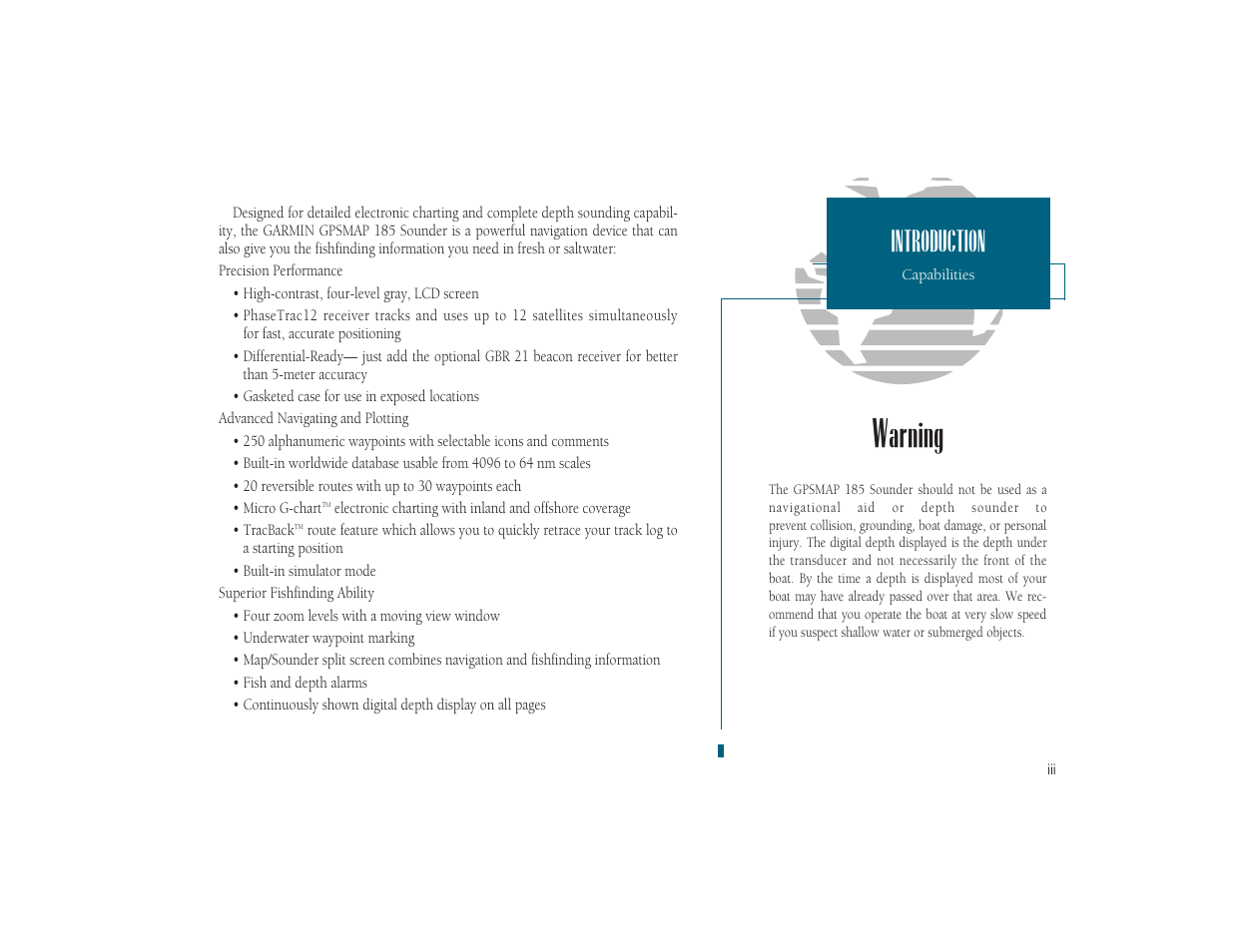 Warning, Introduction | Garmin GPSMAP 185 Sounder User Manual | Page 5 / 110