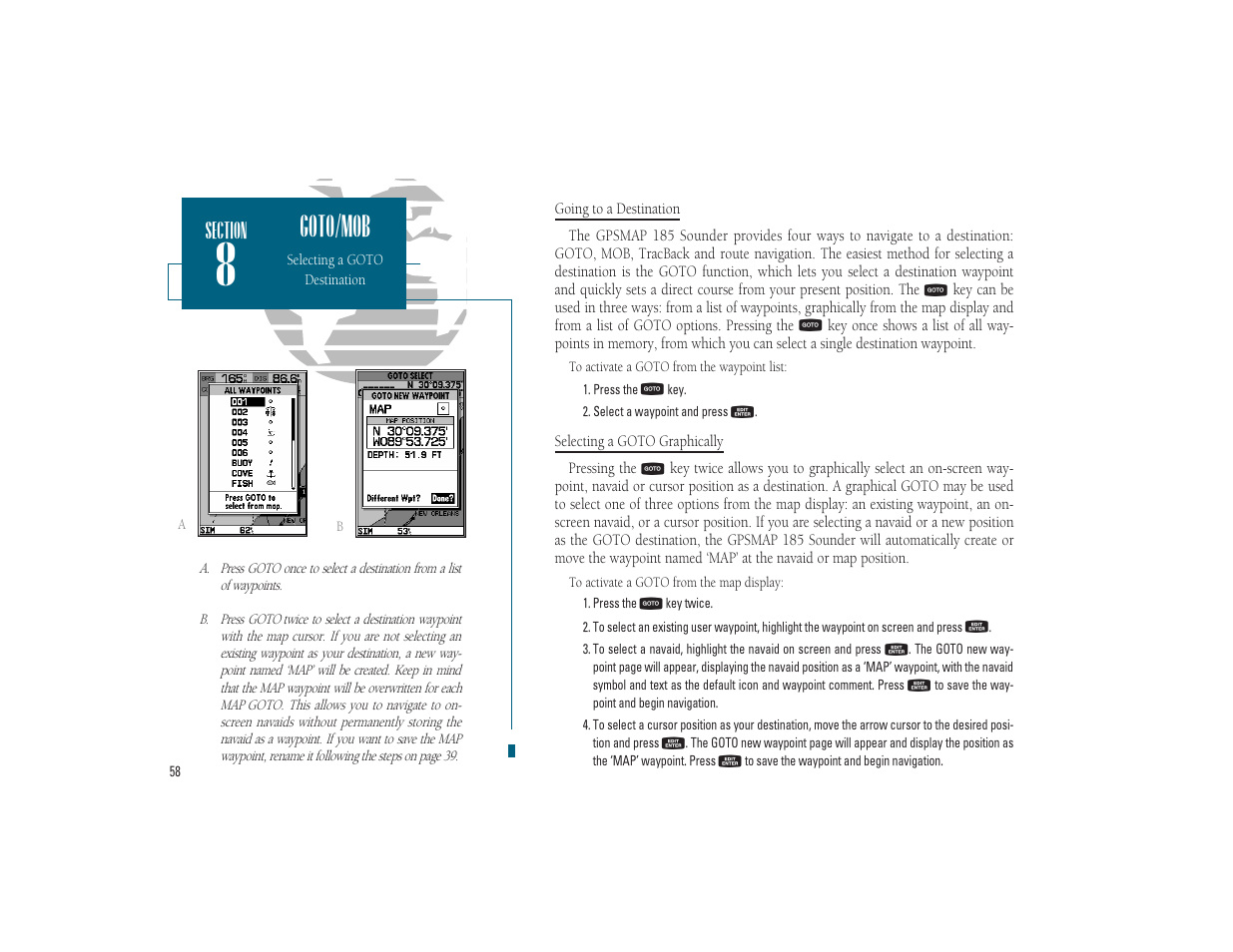 Goto/mob | Garmin GPSMAP 185 Sounder User Manual | Page 68 / 110