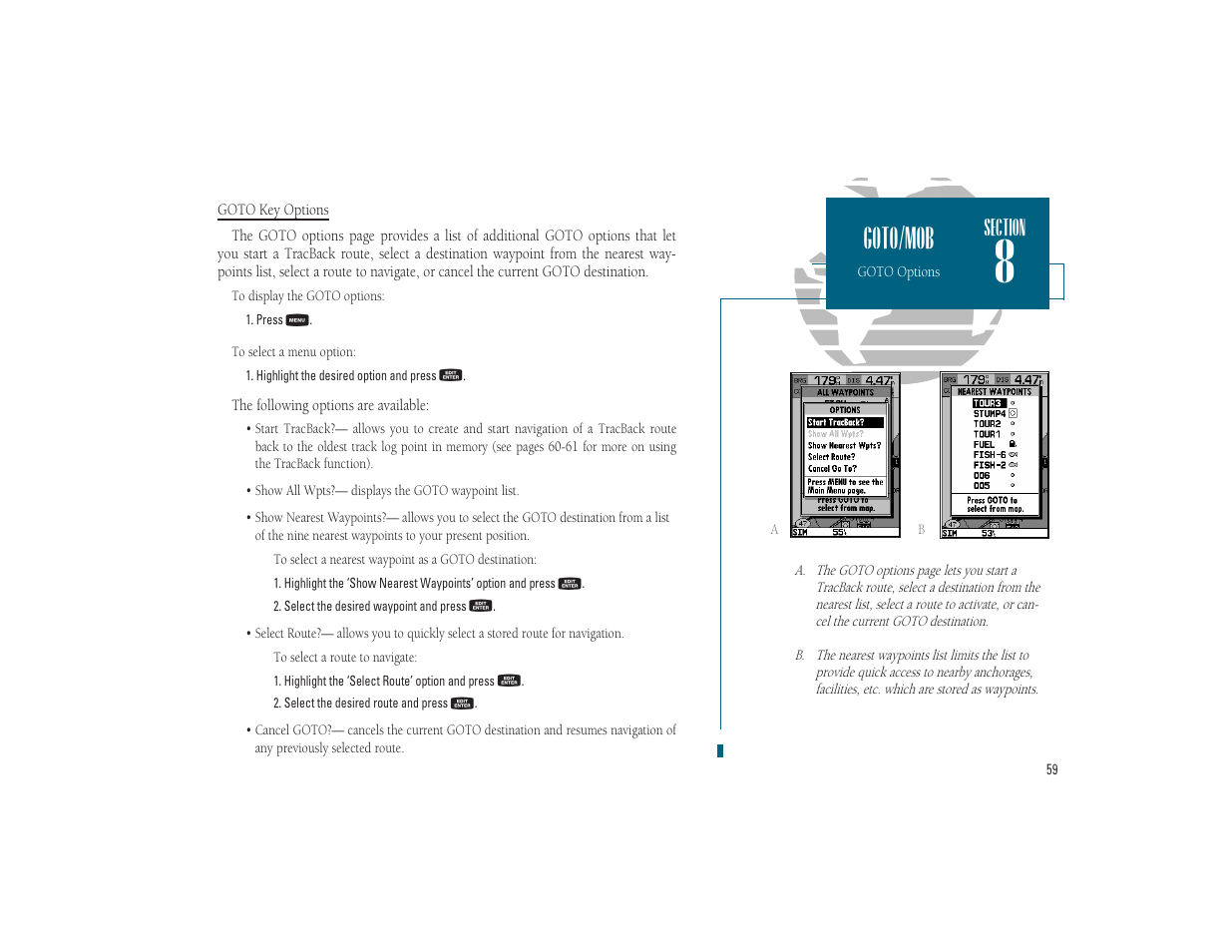 Goto/mob | Garmin GPSMAP 185 Sounder User Manual | Page 69 / 110