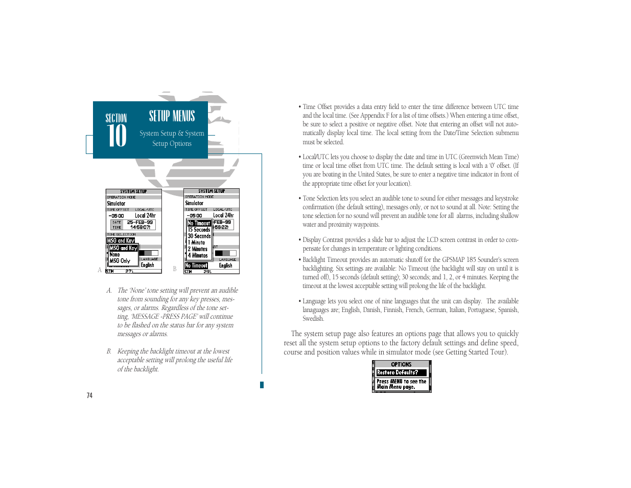 Setup menus | Garmin GPSMAP 185 Sounder User Manual | Page 84 / 110