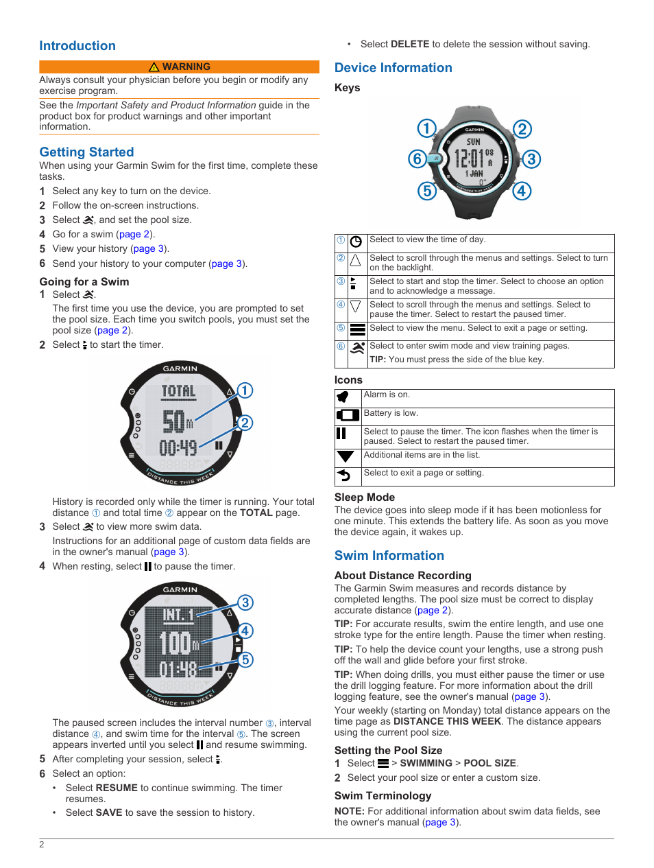 Introduction, Getting started, Going for a swim | Device information, Keys, Icons, Sleep mode, Swim information, About distance recording, Setting the pool size | Garmin Swim User Manual | Page 2 / 4