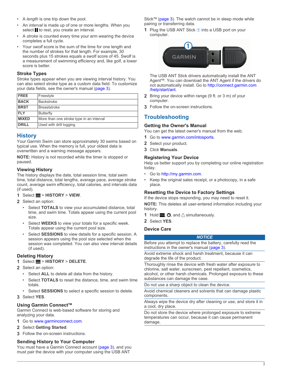 Stroke types, History, Viewing history | Deleting history, Using garmin connect, Sending history to your computer, Troubleshooting, Getting the owner's manual, Registering your device, Resetting the device to factory settings | Garmin Swim User Manual | Page 3 / 4