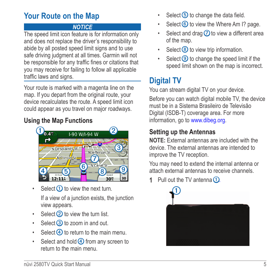 Your route on the map, Digital tv | Garmin nuvi 2580TV User Manual | Page 5 / 8