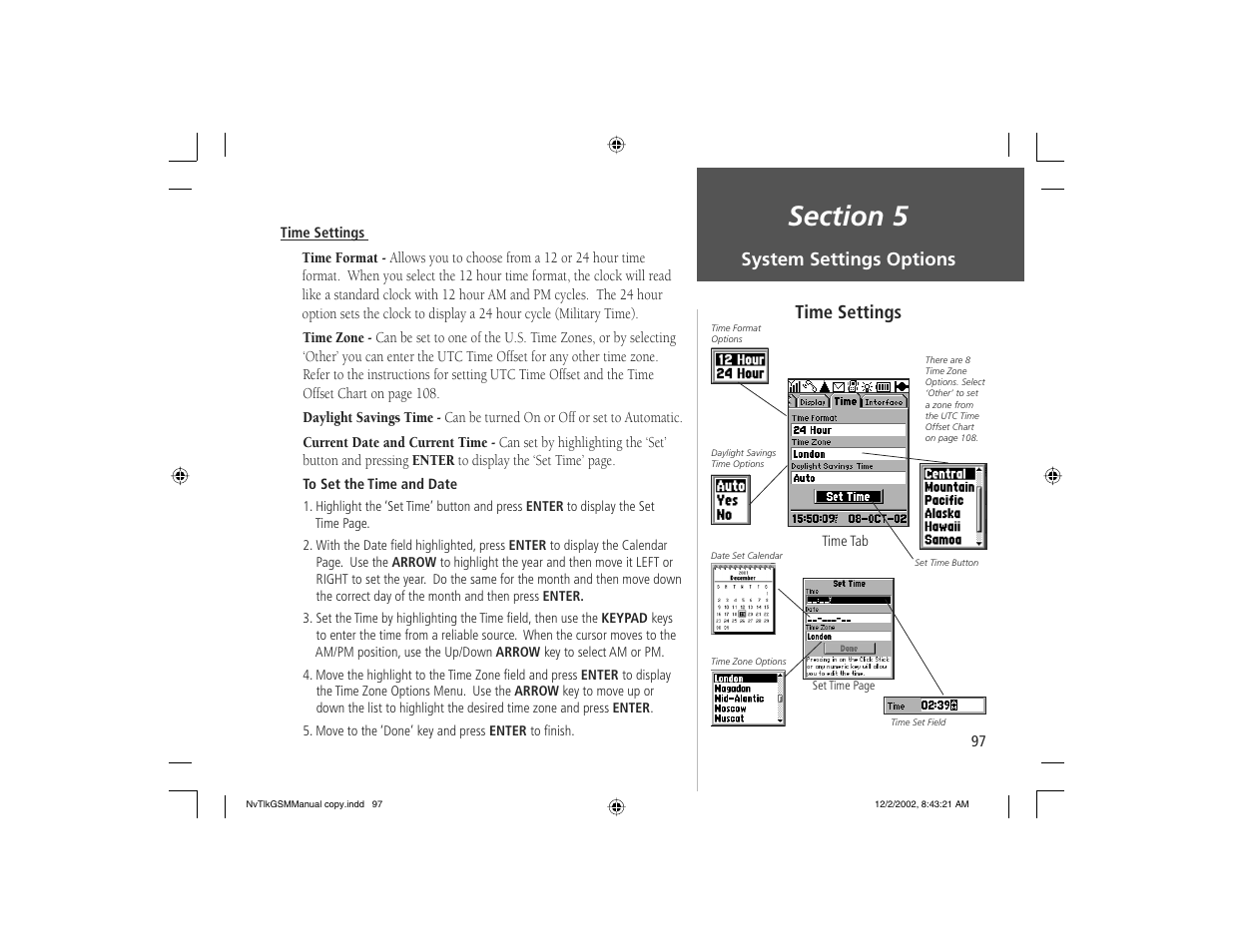 System settings options, Time settings | Garmin NavTalk GSM User Manual | Page 107 / 130