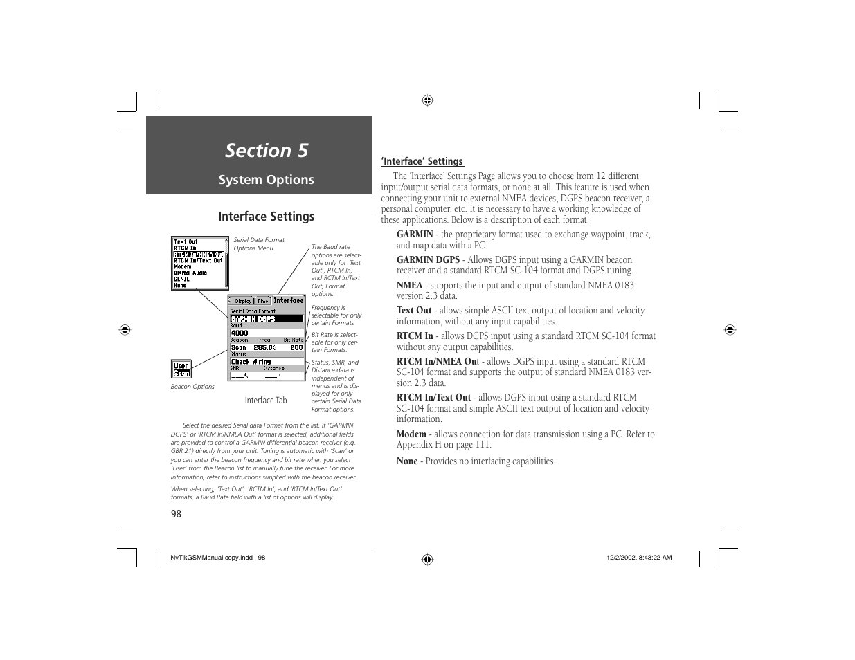 System options, Interface settings | Garmin NavTalk GSM User Manual | Page 108 / 130