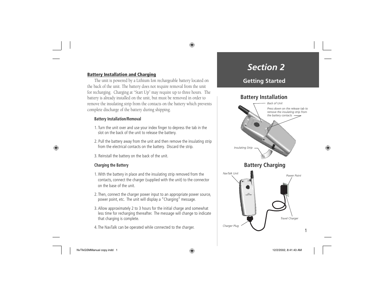 Getting started, Battery installation, Battery charging | Garmin NavTalk GSM User Manual | Page 11 / 130