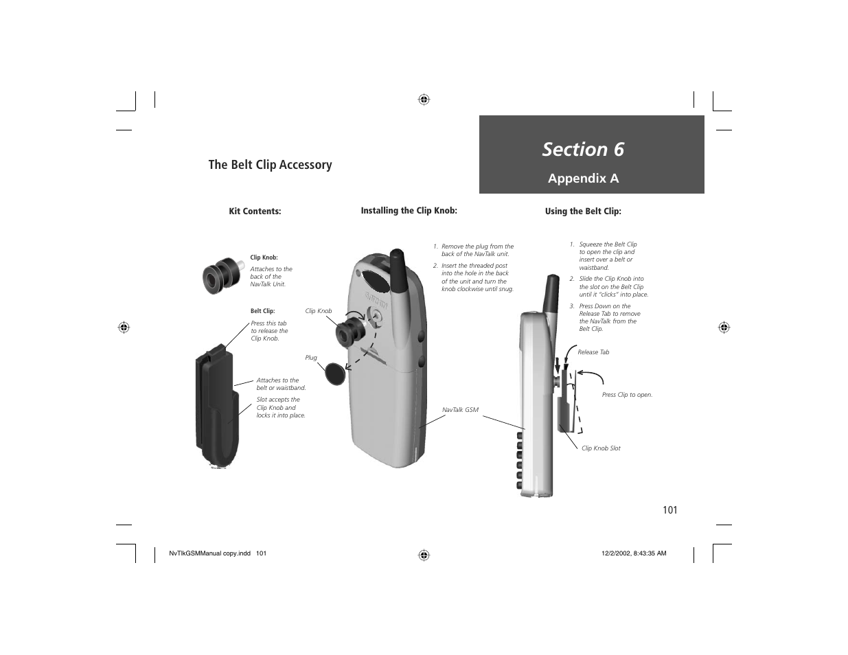 Appendix a, The belt clip accessory | Garmin NavTalk GSM User Manual | Page 111 / 130