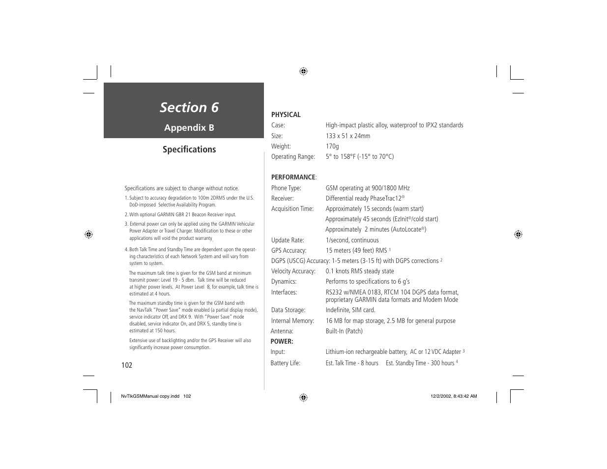 Appendix b speciﬁ cations | Garmin NavTalk GSM User Manual | Page 112 / 130