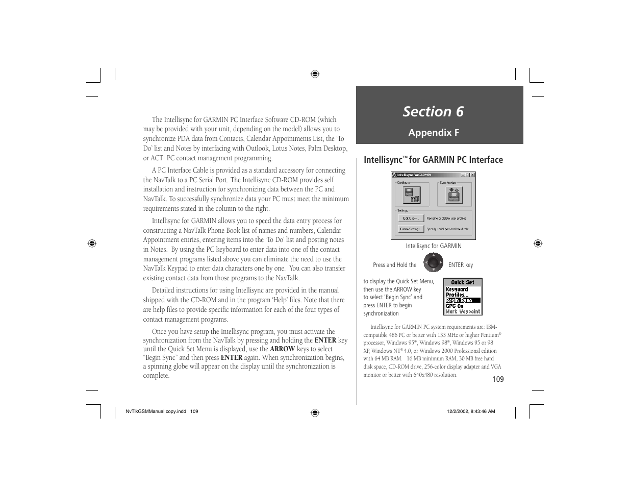 Appendix f, Intellisync, For garmin pc interface | Garmin NavTalk GSM User Manual | Page 119 / 130