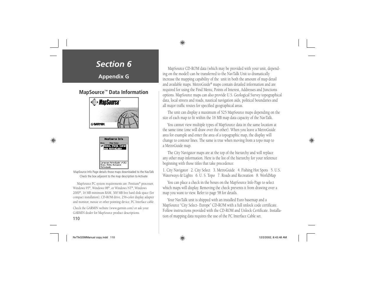 Appendix g, Mapsource, Data information | Garmin NavTalk GSM User Manual | Page 120 / 130