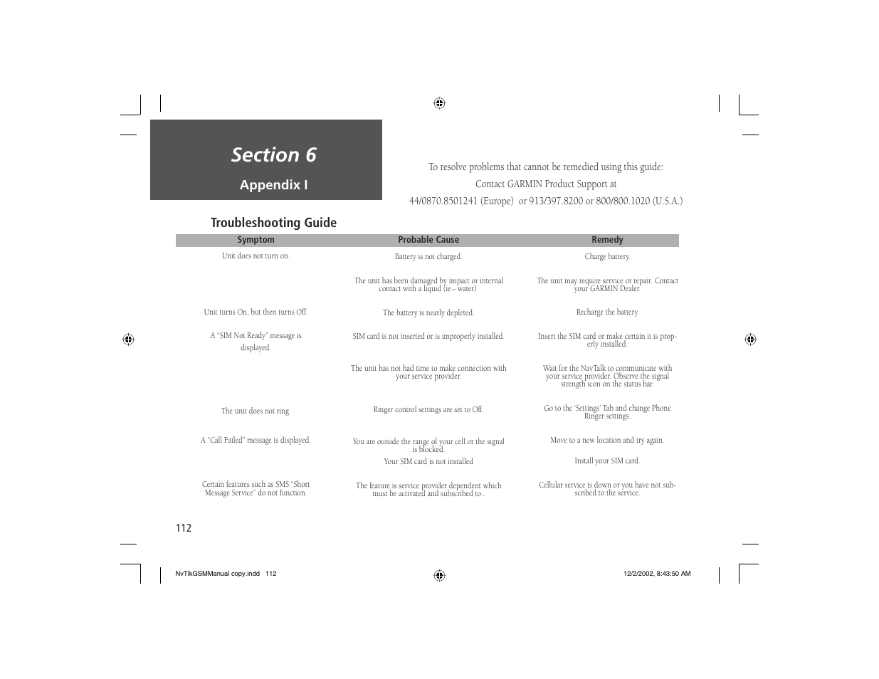 Troubleshooting guide appendix i | Garmin NavTalk GSM User Manual | Page 122 / 130