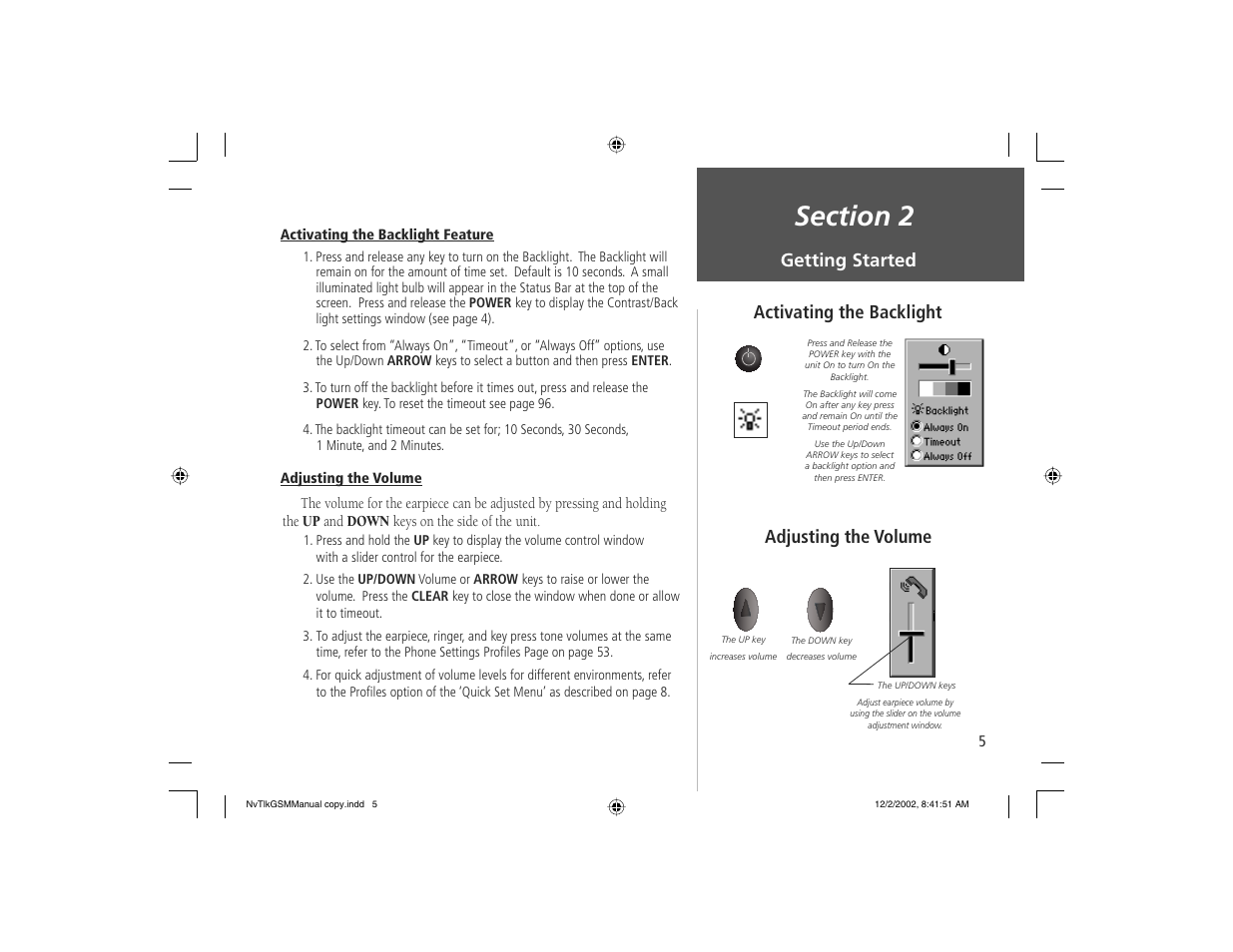 Getting started, Adjusting the volume activating the backlight | Garmin NavTalk GSM User Manual | Page 15 / 130