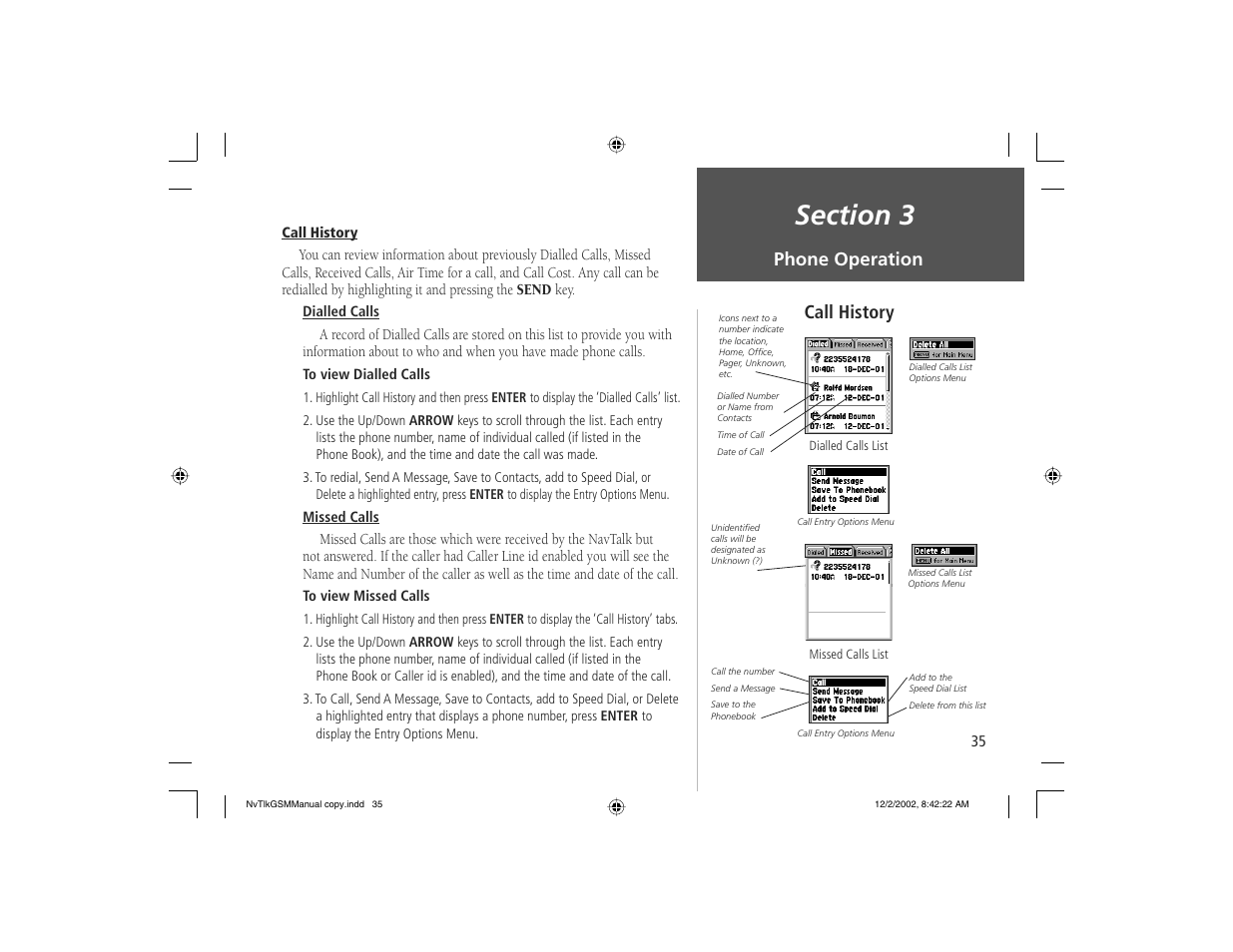 Call history, Phone operation | Garmin NavTalk GSM User Manual | Page 45 / 130