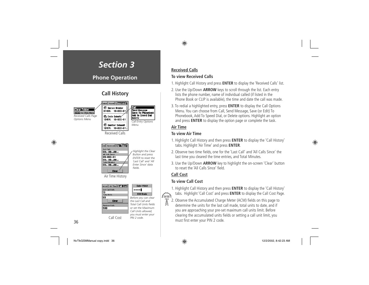 Phone operation, Call history | Garmin NavTalk GSM User Manual | Page 46 / 130