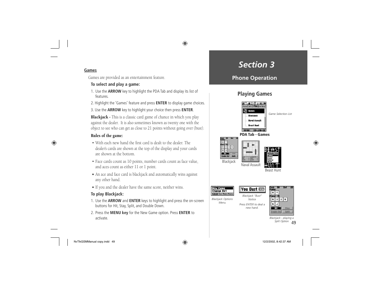 Phone operation, Playing games | Garmin NavTalk GSM User Manual | Page 59 / 130