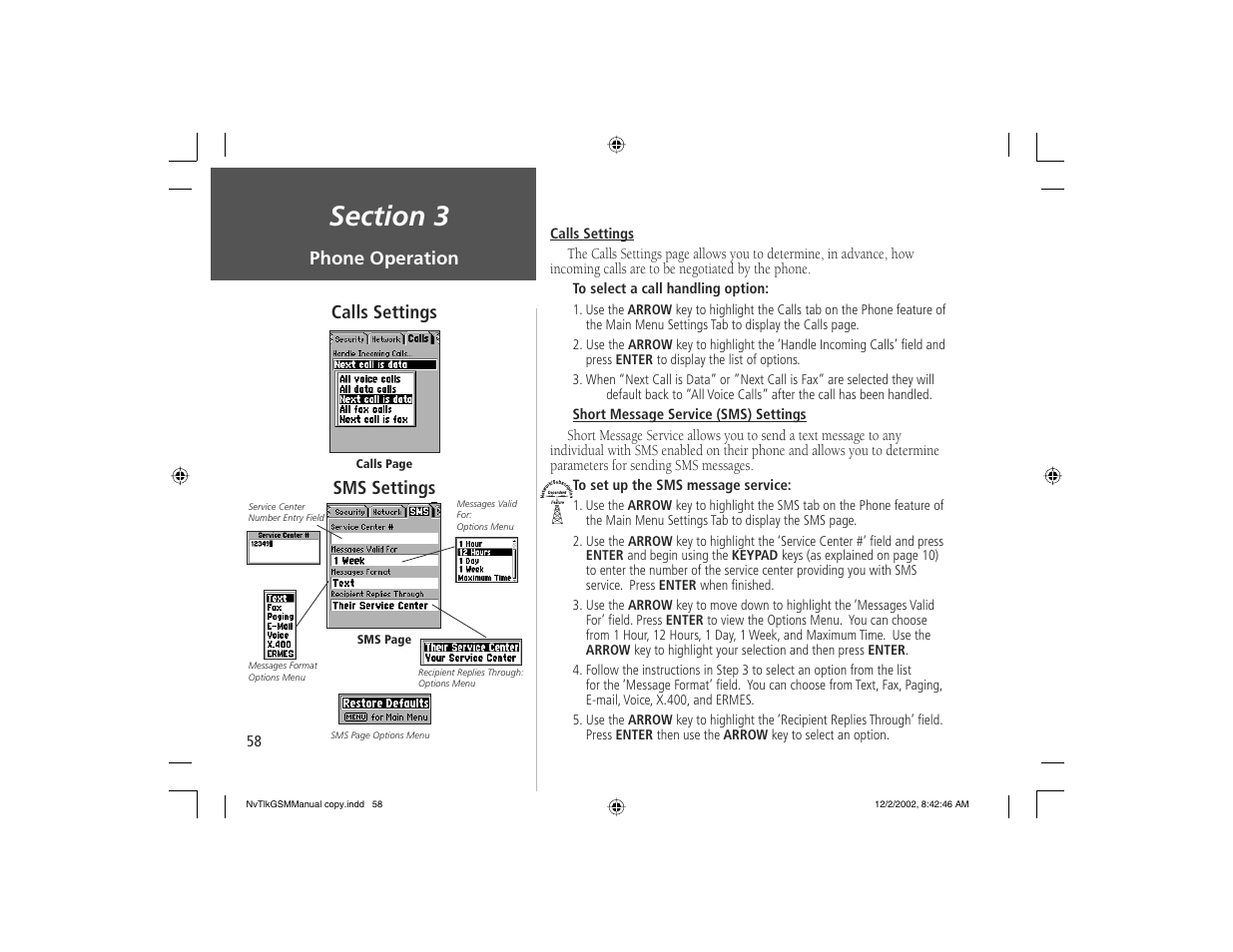 Phone operation, Calls settings, Sms settings | Garmin NavTalk GSM User Manual | Page 68 / 130