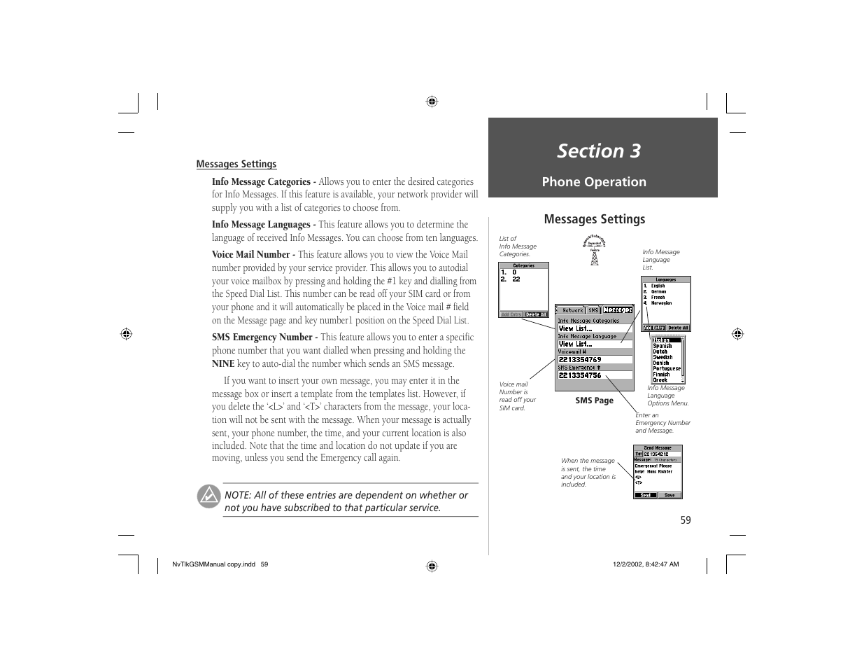 Phone operation, Messages settings | Garmin NavTalk GSM User Manual | Page 69 / 130