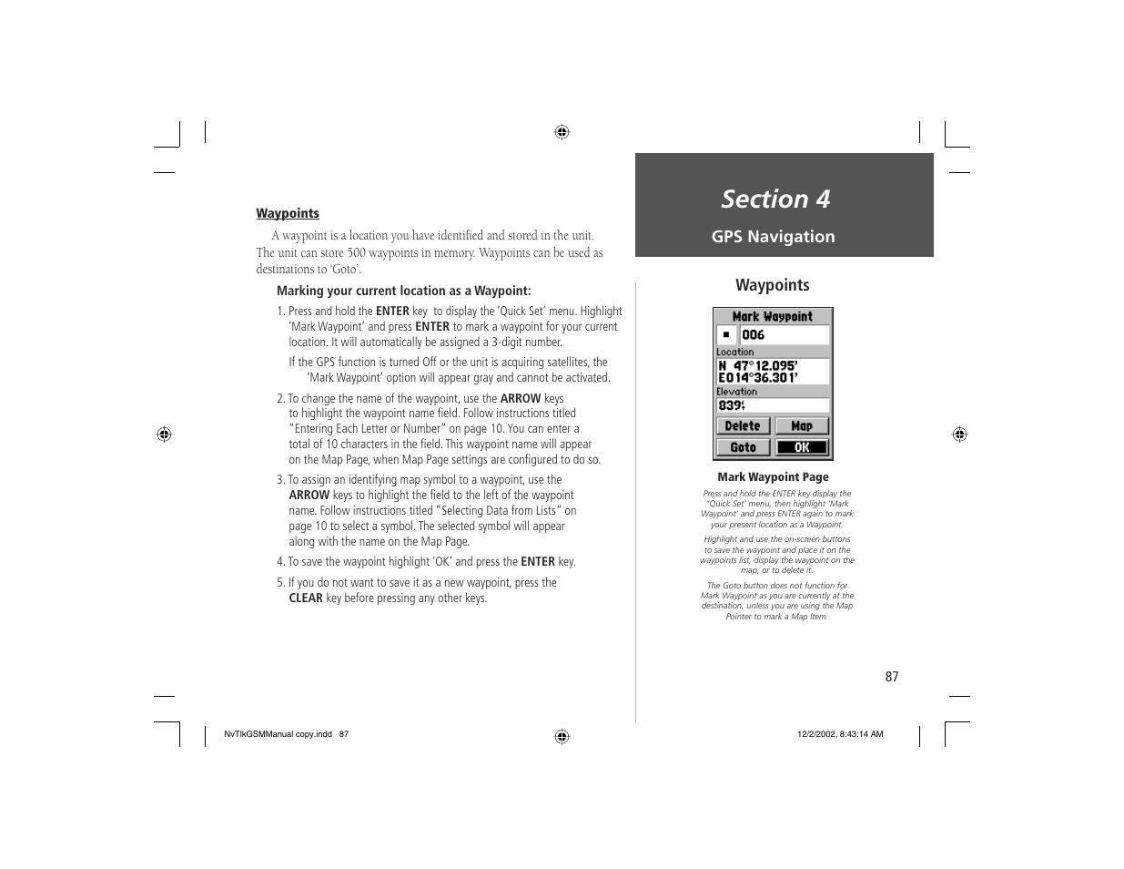 Gps navigation waypoints | Garmin NavTalk GSM User Manual | Page 97 / 130