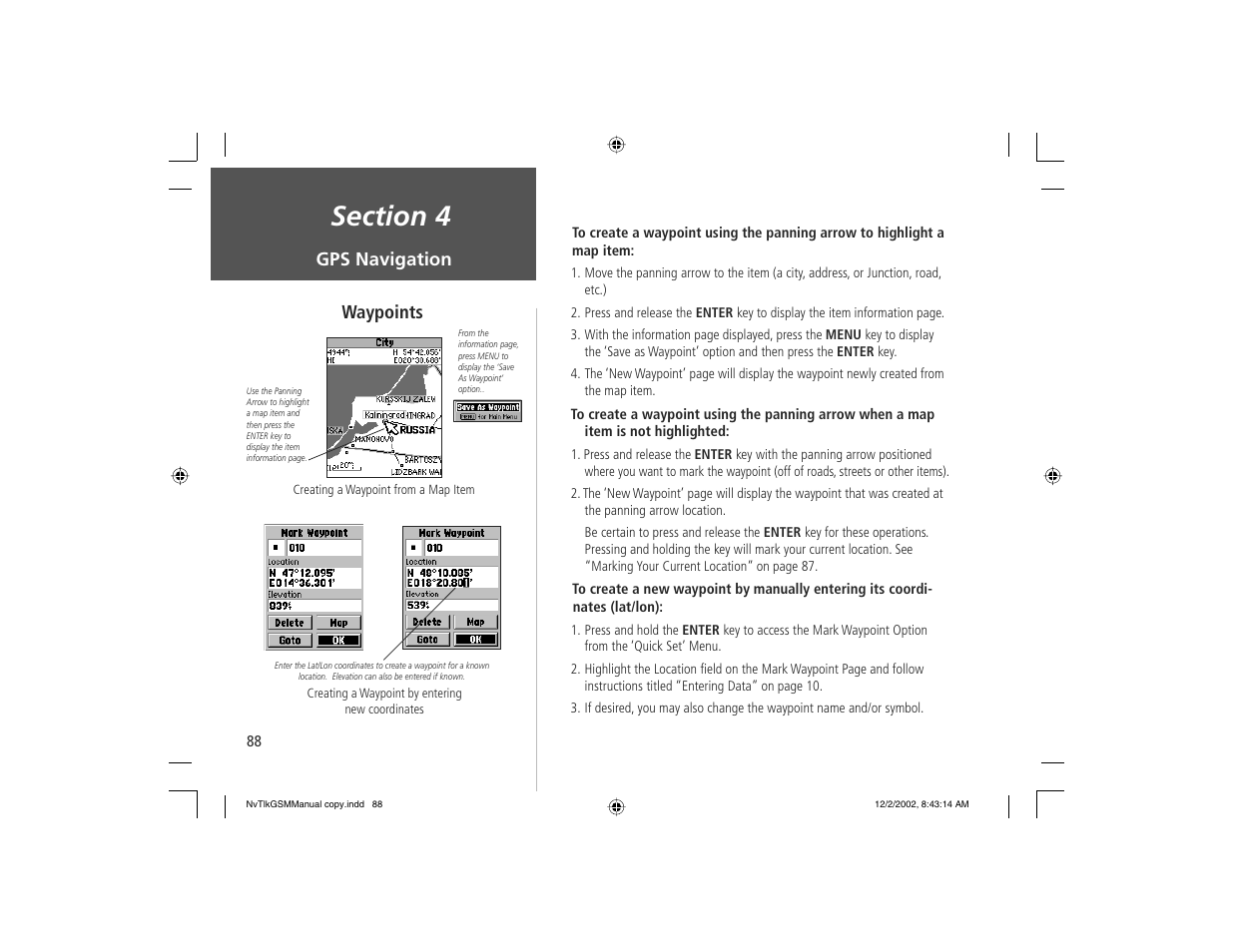 Gps navigation waypoints | Garmin NavTalk GSM User Manual | Page 98 / 130