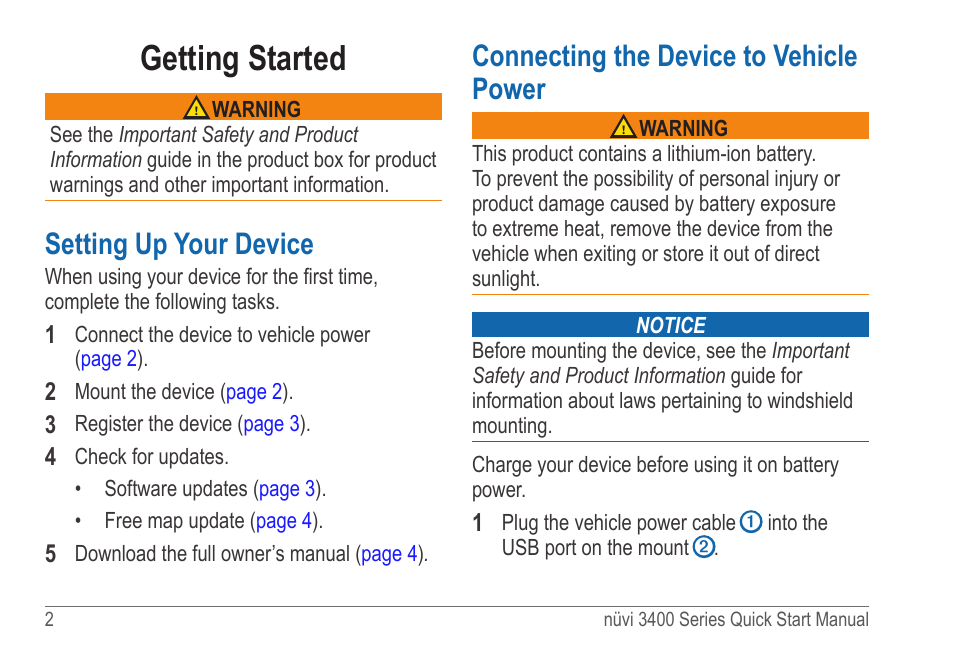 Getting started, Setting up your device, Connecting the device to vehicle power | Garmin nuvi 3490LT User Manual | Page 2 / 8