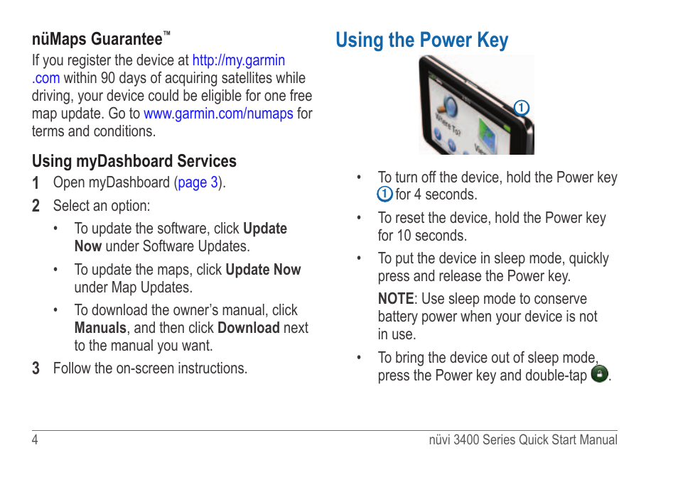 Using the power key | Garmin nuvi 3490LT User Manual | Page 4 / 8