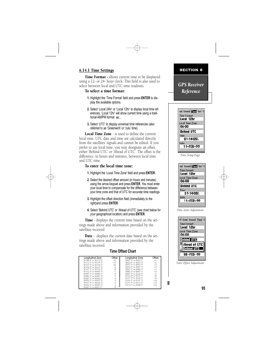 Gps receiver reference, 1 time settings, Time offset chart | Garmin NavTalk User Manual | Page 107 / 128