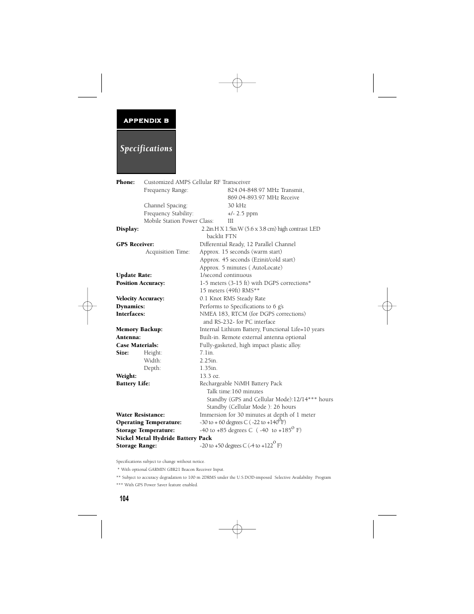 Specifications | Garmin NavTalk User Manual | Page 116 / 128