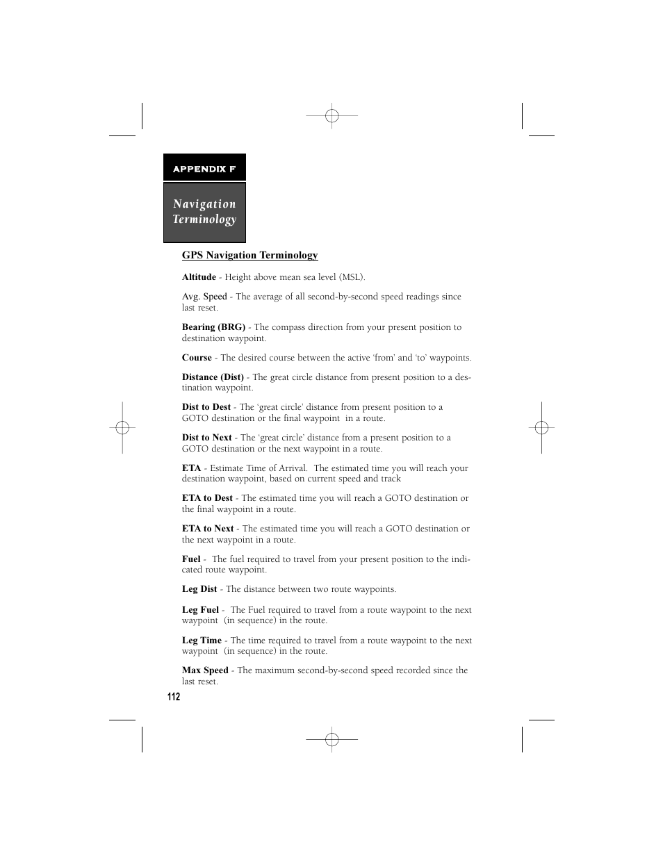 Navigation terminology | Garmin NavTalk User Manual | Page 124 / 128