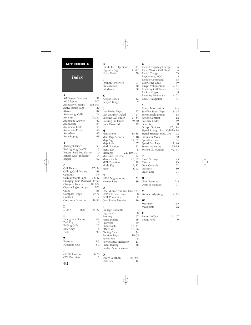 Index, Appendix g | Garmin NavTalk User Manual | Page 126 / 128