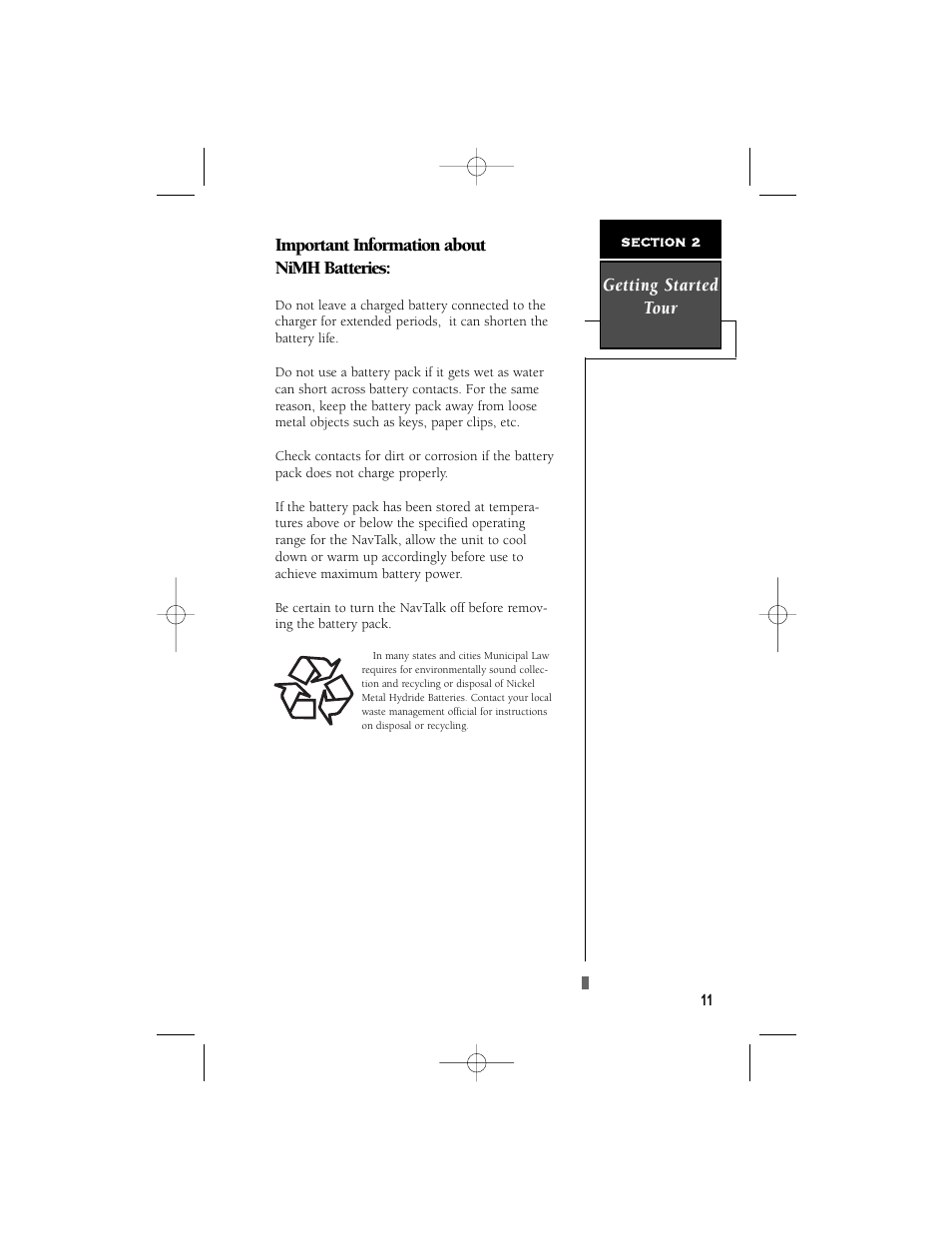 Important information about nimh batteries, Getting started tour | Garmin NavTalk User Manual | Page 23 / 128