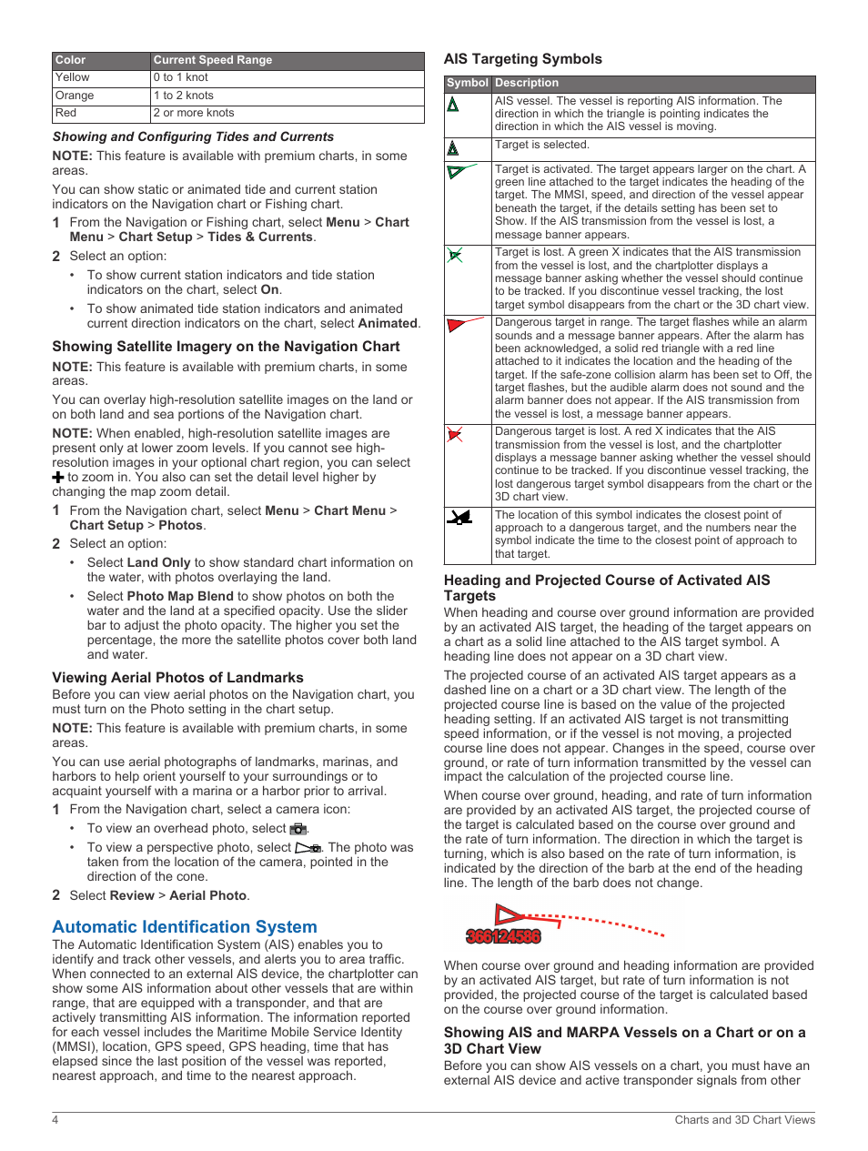 Showing and configuring tides and currents, Showing satellite imagery on the navigation chart, Viewing aerial photos of landmarks | Automatic identification system, Ais targeting symbols, The navigation chart, Surroundings | Garmin GPSMAP 8530 Black Box User Manual | Page 10 / 36