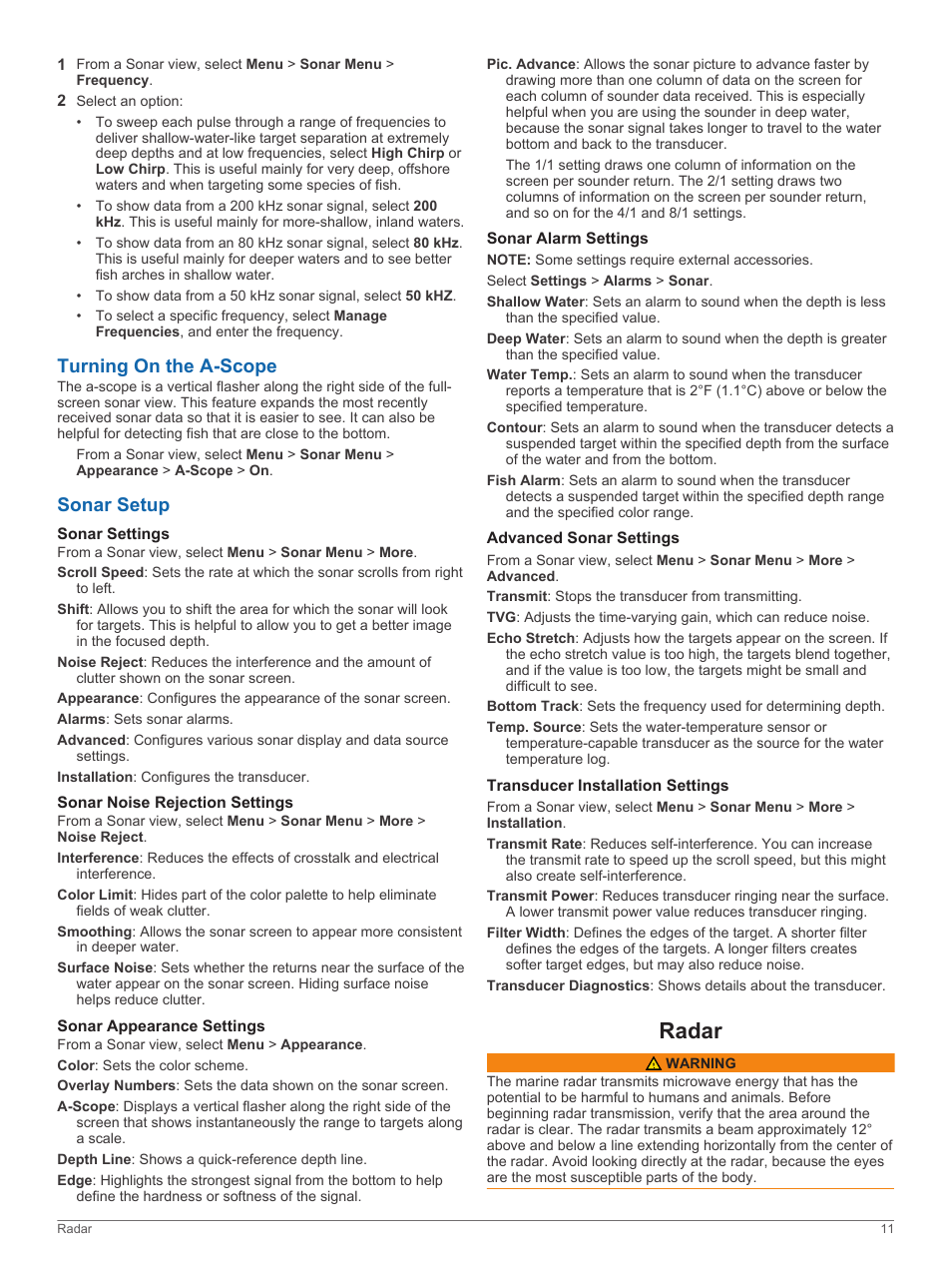 Turning on the a-scope, Sonar setup, Sonar settings | Sonar noise rejection settings, Sonar appearance settings, Sonar alarm settings, Advanced sonar settings, Transducer installation settings, Radar, Turning on the a-scope sonar setup | Garmin GPSMAP 8530 Black Box User Manual | Page 17 / 36