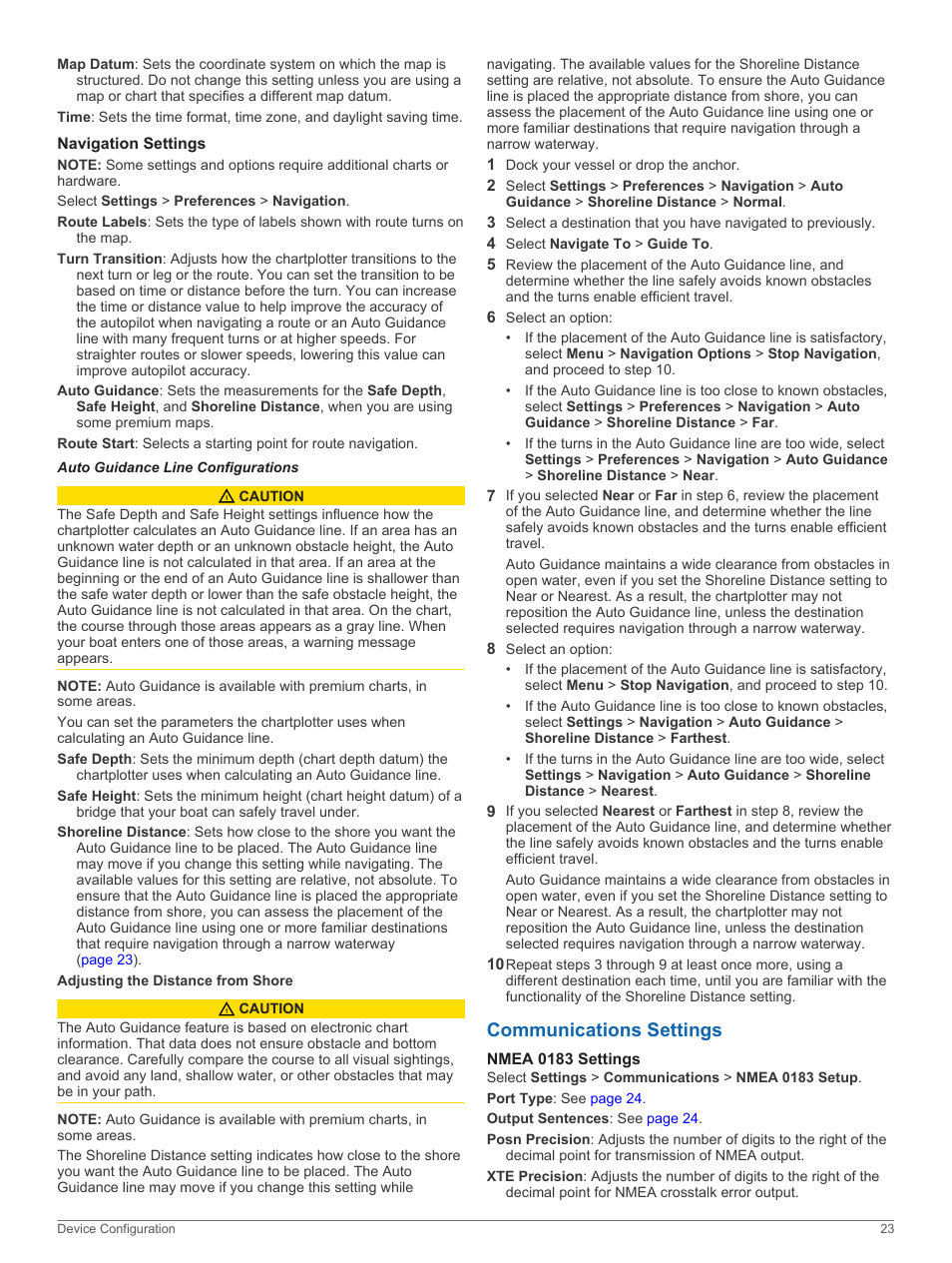 Navigation settings, Auto guidance line configurations, Adjusting the distance from shore | Communications settings, Nmea 0183 settings | Garmin GPSMAP 8530 Black Box User Manual | Page 29 / 36