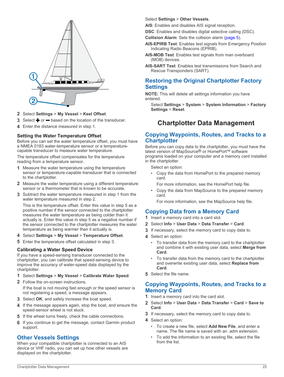 Setting the water temperature offset, Calibrating a water speed device, Other vessels settings | Chartplotter data management, Copying data from a memory card | Garmin GPSMAP 8530 Black Box User Manual | Page 31 / 36