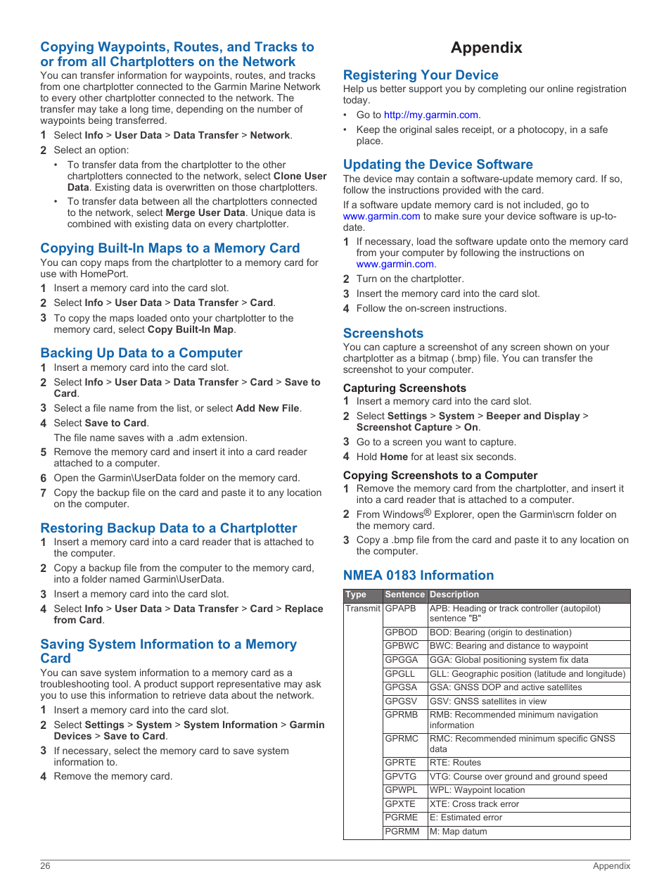 Copying built-in maps to a memory card, Backing up data to a computer, Restoring backup data to a chartplotter | Saving system information to a memory card, Appendix, Registering your device, Updating the device software, Screenshots, Capturing screenshots, Copying screenshots to a computer | Garmin GPSMAP 8530 Black Box User Manual | Page 32 / 36