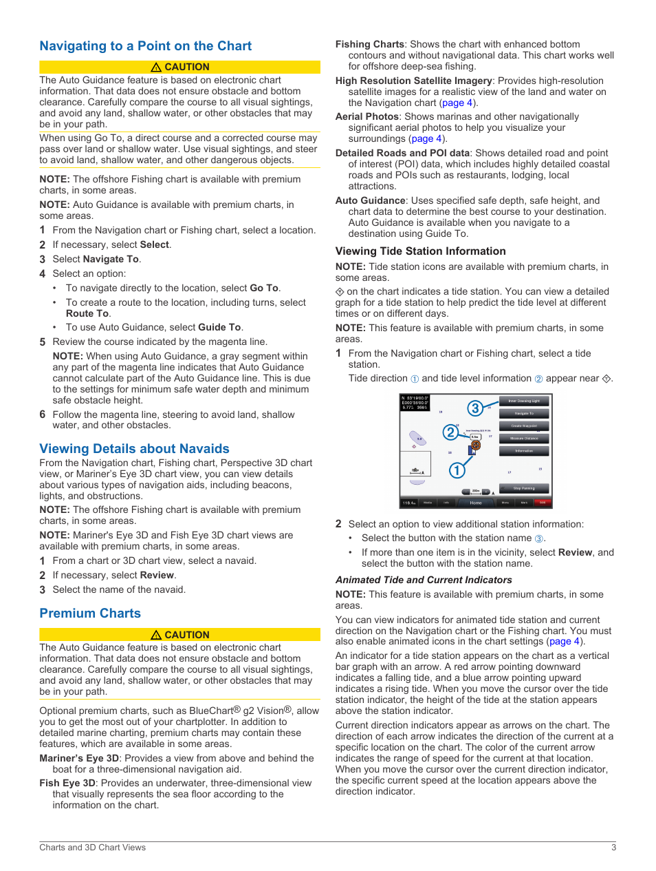 Navigating to a point on the chart, Viewing details about navaids, Premium charts | Viewing tide station information, Animated tide and current indicators | Garmin GPSMAP 8530 Black Box User Manual | Page 9 / 36