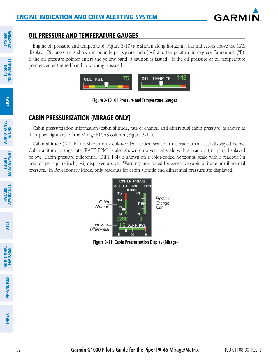 Oil pressure and temperature gauges, Cabin pressurization (mirage only), Engine indication and crew alerting system | Garmin G1000 Piper PA-46 Matrix User Manual | Page 106 / 600