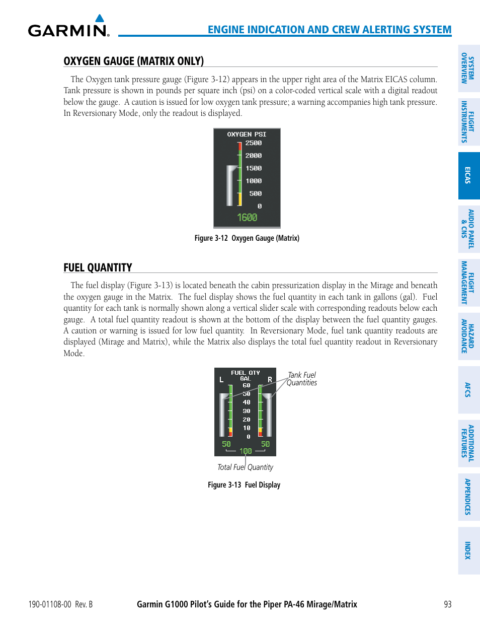 Oxygen gauge (matrix only), Fuel quantity, Engine indication and crew alerting system | Garmin G1000 Piper PA-46 Matrix User Manual | Page 107 / 600