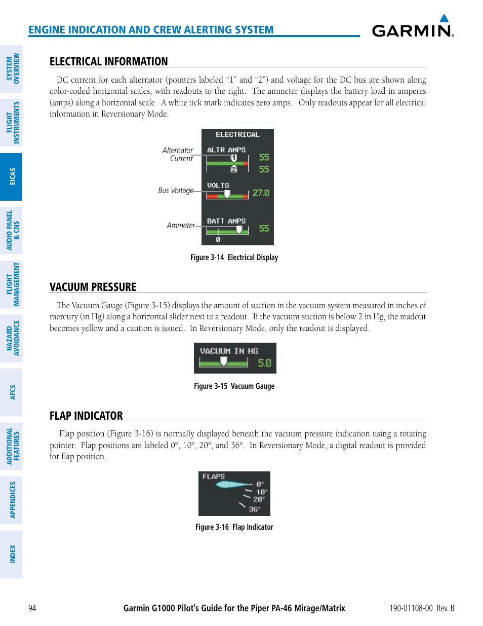 Electrical information, Vacuum pressure, Flap indicator | Engine indication and crew alerting system | Garmin G1000 Piper PA-46 Matrix User Manual | Page 108 / 600