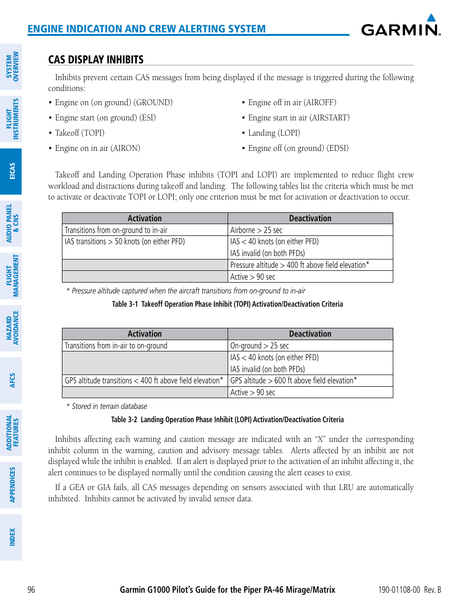 Cas display inhibits, Engine indication and crew alerting system | Garmin G1000 Piper PA-46 Matrix User Manual | Page 110 / 600