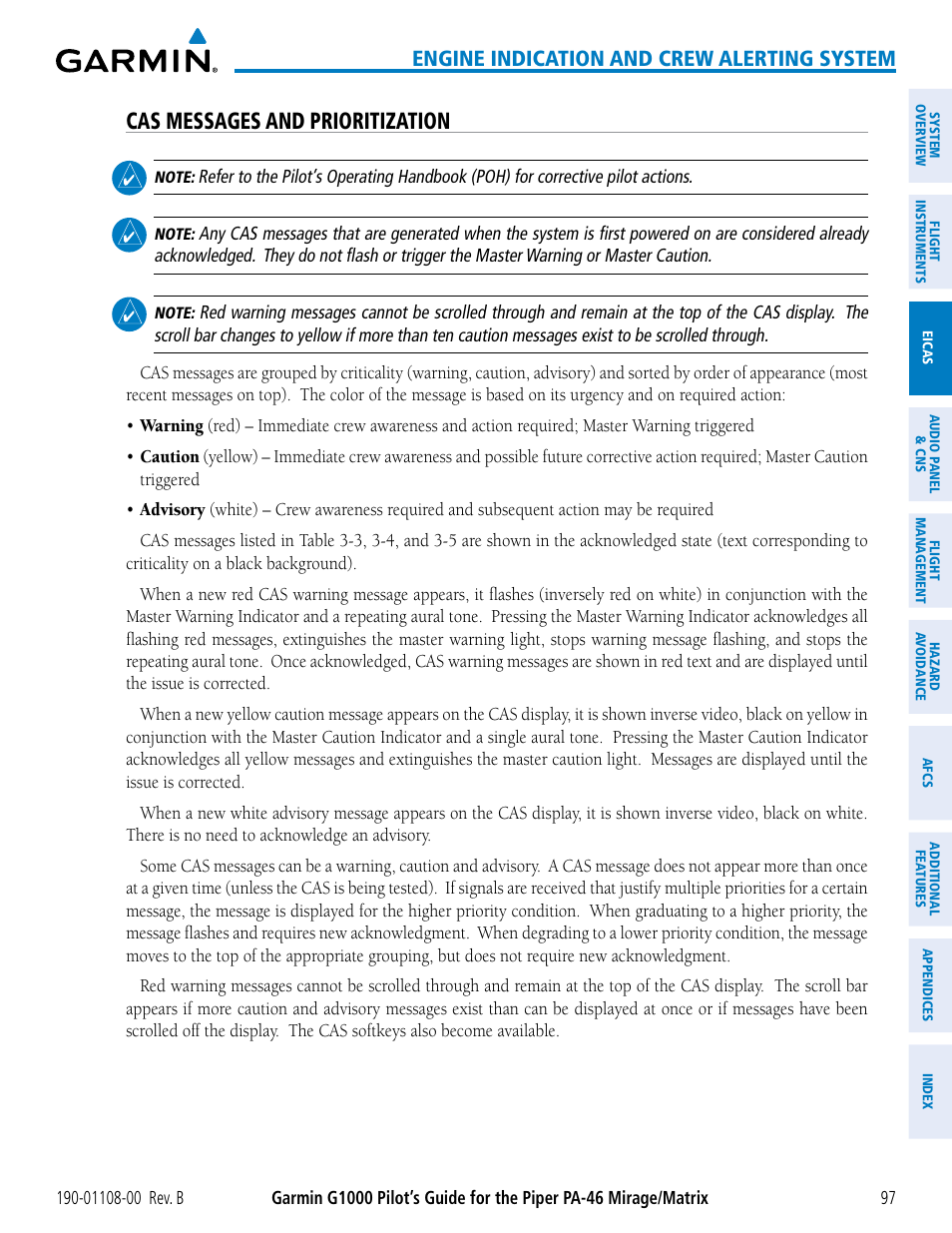 Cas messages and prioritization, Engine indication and crew alerting system | Garmin G1000 Piper PA-46 Matrix User Manual | Page 111 / 600