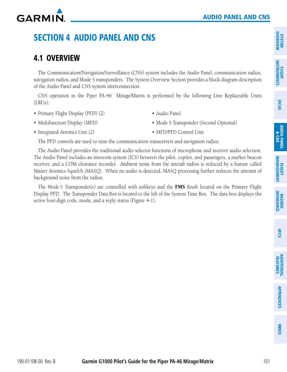 Section 4 audio panel and cns, 1 overview, Audio panel and cns | Garmin G1000 Piper PA-46 Matrix User Manual | Page 115 / 600