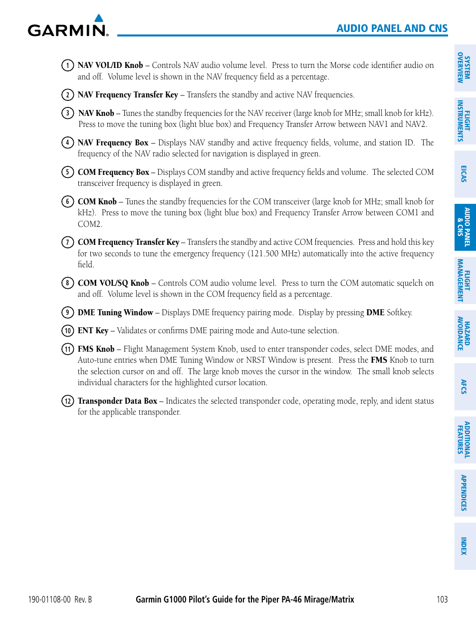 Audio panel and cns | Garmin G1000 Piper PA-46 Matrix User Manual | Page 117 / 600