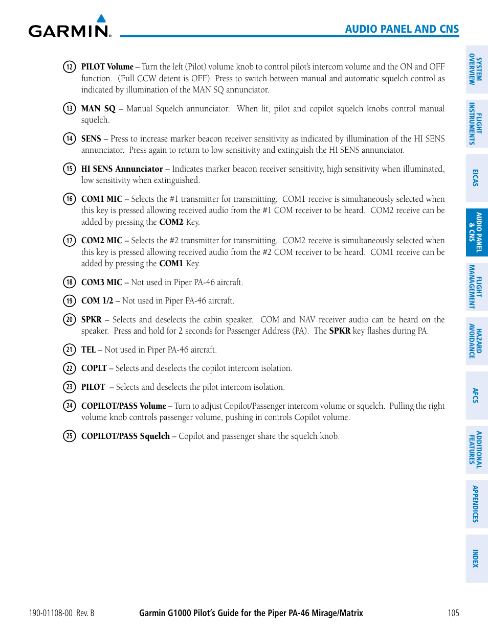 Audio panel and cns | Garmin G1000 Piper PA-46 Matrix User Manual | Page 119 / 600