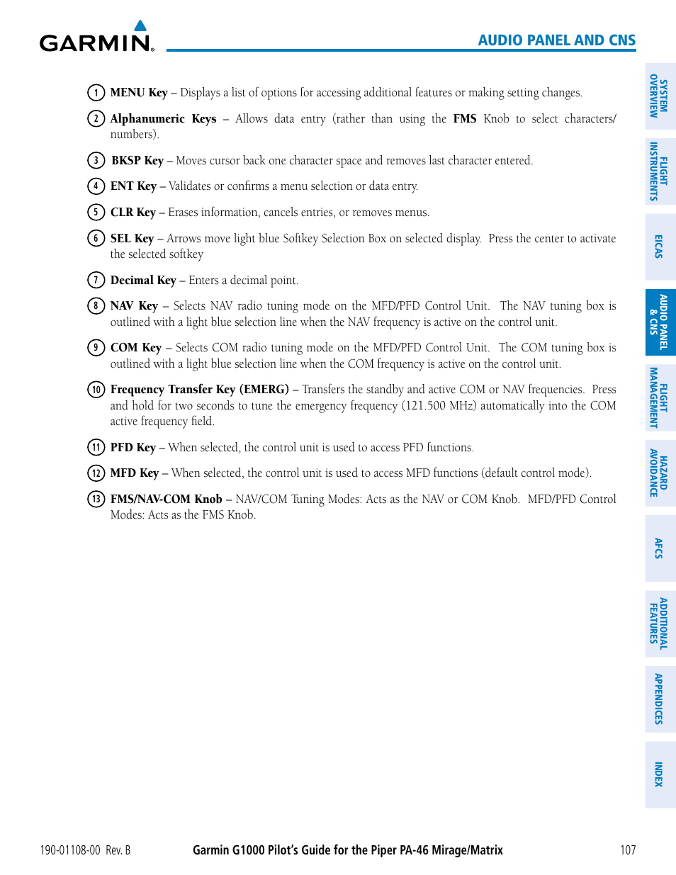 Audio panel and cns | Garmin G1000 Piper PA-46 Matrix User Manual | Page 121 / 600