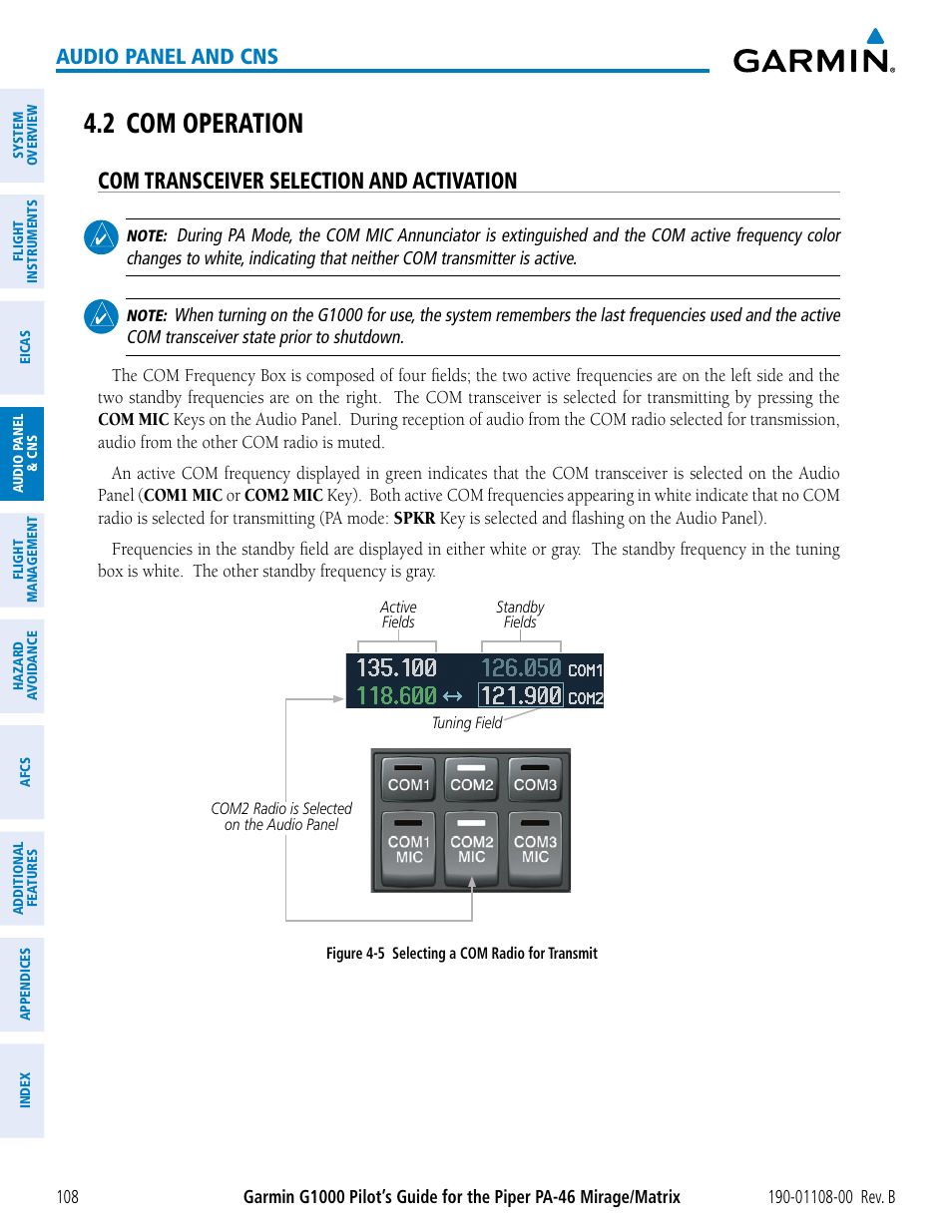 2 com operation, Com transceiver selection and activation, Audio panel and cns | Garmin G1000 Piper PA-46 Matrix User Manual | Page 122 / 600