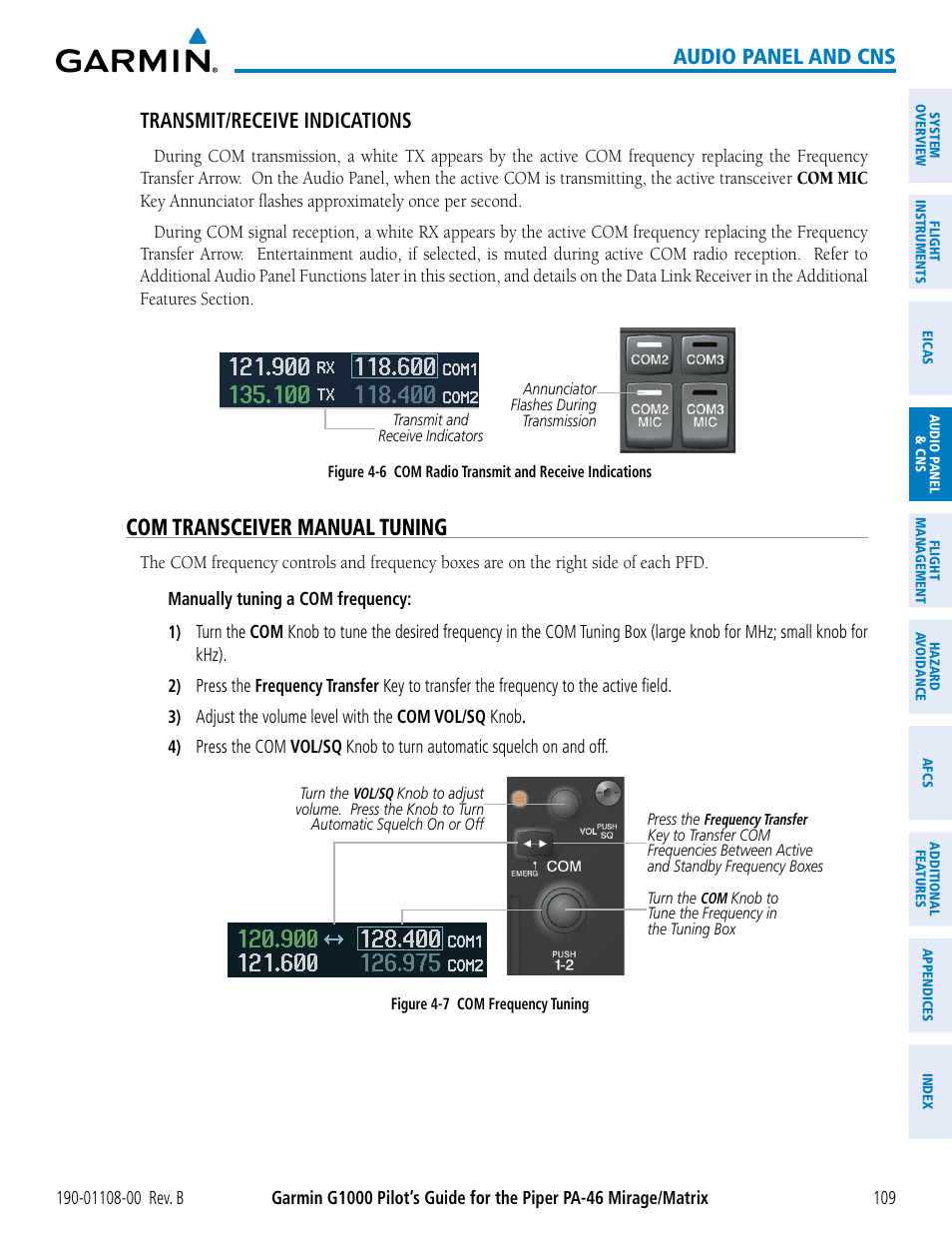 Com transceiver manual tuning, Audio panel and cns, Transmit/receive indications | Garmin G1000 Piper PA-46 Matrix User Manual | Page 123 / 600